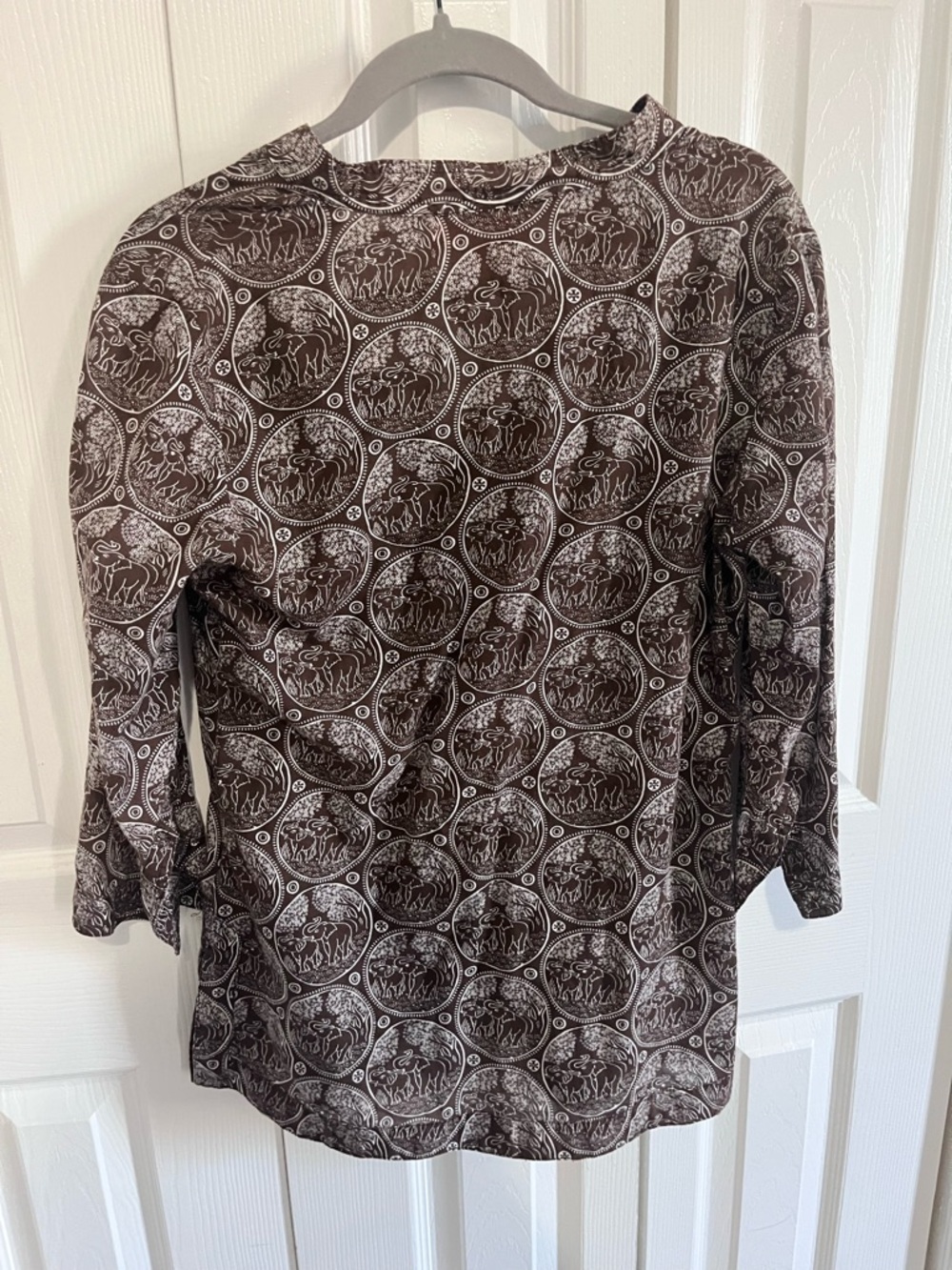 Tory Burch Brown Elephant Printed V-Neck Tunic Top Size 6 - Picture 3 of 4